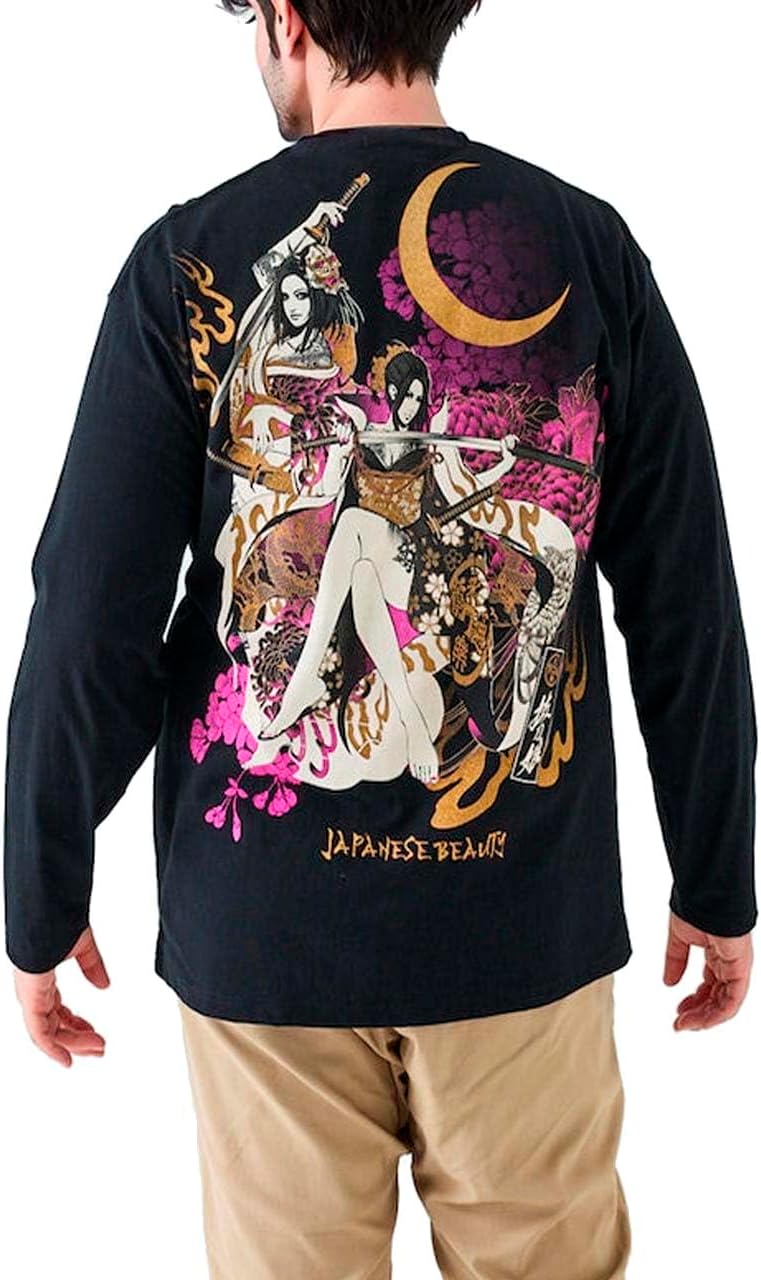 抜刀娘  凛 月光桜刺繍 長袖Tシャツ 絡繰魂 抜刀娘 絡繰魂 凛 月光桜 刺繍 和柄 ロングTシャツ